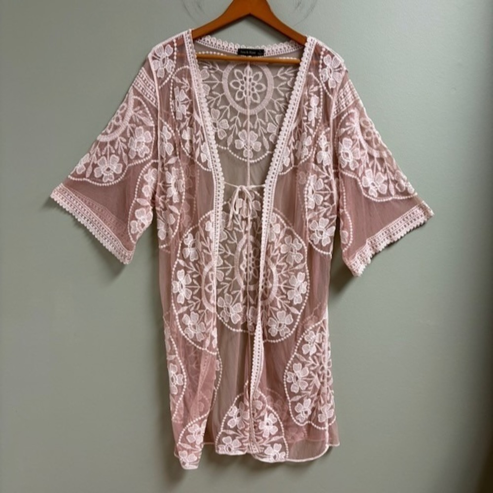 Womens Sheer Mesh Embroidered Kimono Size L Coquette Fairy Festival Hippie Boho